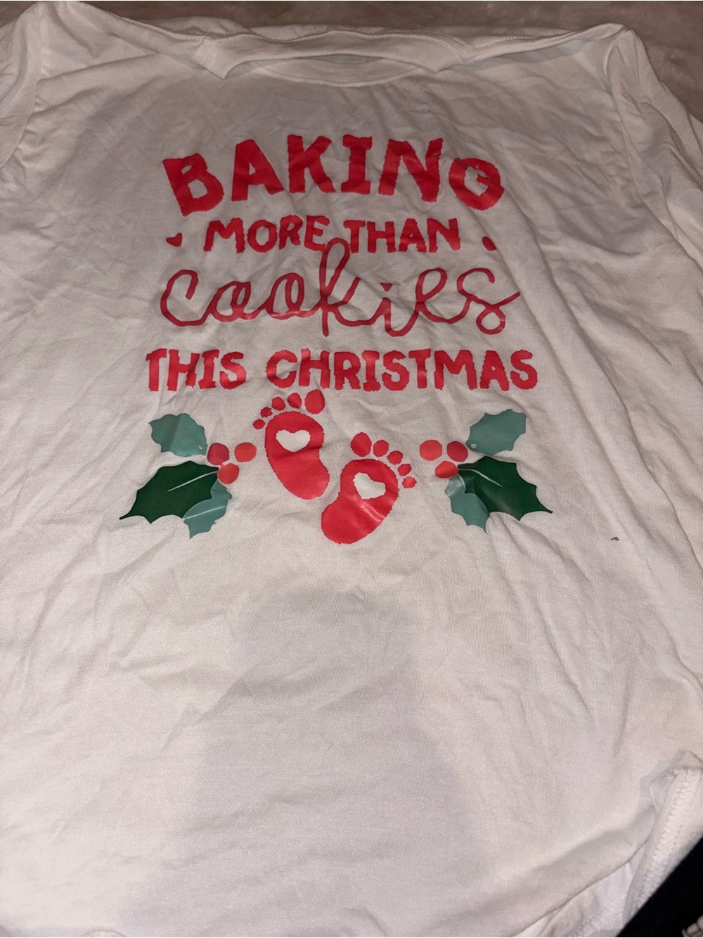 White Christmas Pregnancy Tee with Red & Green Holiday Print